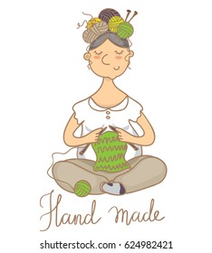 Vector illustration of woman knits and crochet