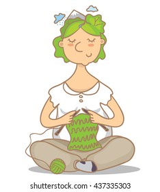 Vector illustration of a woman knitting and think about ecology