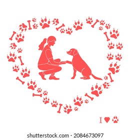Vector illustration Woman and labrador playing together Dog gives paw on background of dog tracks, bones in the shape of heart Owner teaching pet commands Dog training Animal adoption Charity activity
