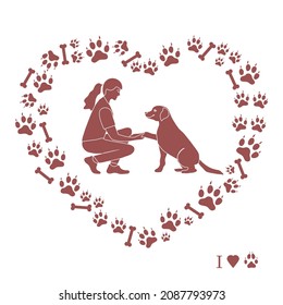 Vector illustration Woman and labrador playing together Dog gives paw on background of dog tracks, bones in the shape of heart Owner teaching pet commands Dog training Animal adoption Charity activity