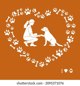 Vector illustration Woman and labrador playing together Dog gives paw on background of dog tracks, bones in the shape of heart Owner teaching pet commands Dog training Animal adoption Charity activity