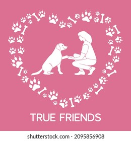 Vector illustration Woman and labrador playing together Dog gives paw on background of dog tracks, bones in the shape of heart Owner teaching pet commands Dog training Animal adoption Charity activity