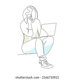 Vector illustration of woman with laptop drawn in line art style