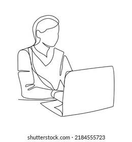 Vector illustration of woman with laptop drawn in line-art style