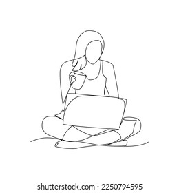 Vector illustration of woman with laptop drawn in line-art style