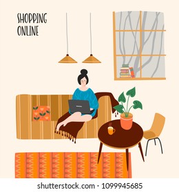 Vector illustration of woman with laptop at home. Concept for shopping online and other use. Design elements.