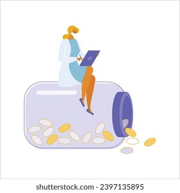 Vector illustration of a woman with a laptop sitting on a jar full of coins.