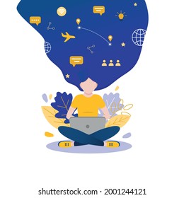 Vector illustration of woman with laptop. Work from home. Traveling. Vacation