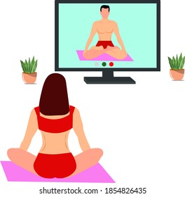 vector illustration of woman learning yoga from online instructor