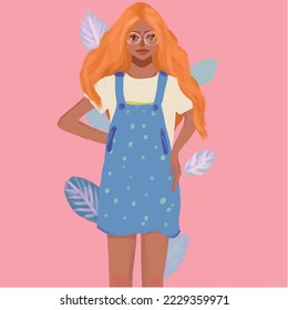 Vector illustration of woman with leaves behind