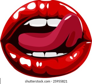 Vector Illustration Of Woman Licking Sexy Red Lips