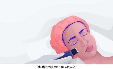 Vector illustration woman lie while procedure ultrasound cavitation and facial peeling. Banner concept of cosmetic procedures and place for text