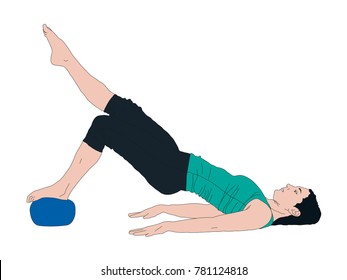 Vector illustration of woman lifting a pelvic and leg while doing pilates isolated on white background.