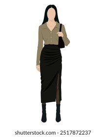 Vector illustration of a woman in a light olive blouse and black skirt. Business casual