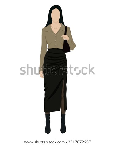 Vector illustration of a woman in a light olive blouse and black skirt. Business casual