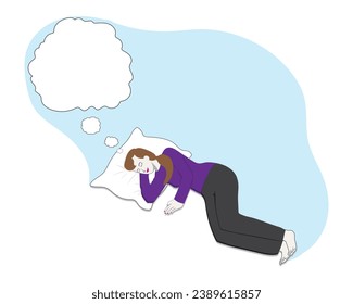 ilustración vectorial de una mujer con una camisa púrpura clara con pantalones negros durmiendo en una almohada mientras piensa o fantasiaba con algo marcado con un círculo de texto blanco y blanco y en blanco