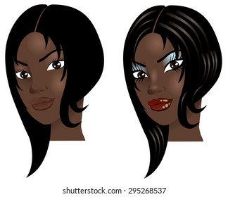 Vector Illustration of a woman with little or no makeup, natural before and after styling.