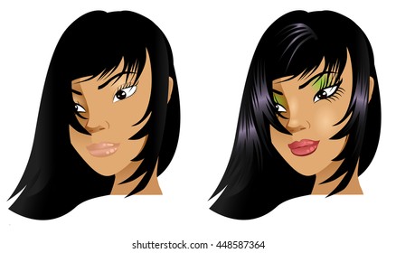 Vector Illustration of a woman with little or no makeup, natural before and after styling.