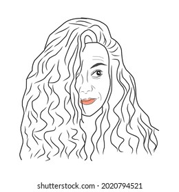 Vector Illustration of a woman with long curly hair. One line art, simple sketch female drawing isolated in white background.