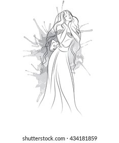 Vector illustration of woman in long dress made in line hand drawn style
