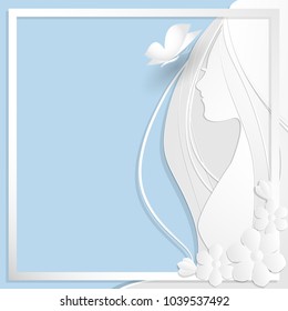 Vector illustration of Woman long hair silhouette head and half upper body side view with frame, flower and butterfly. Banner. Trendy Design Template. International women's day. Paper art style.