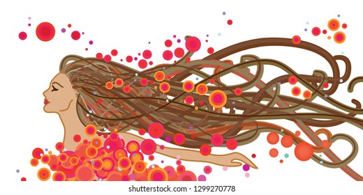 vector illustration of woman with long hair and decorative red spots for passion and self-care visuals