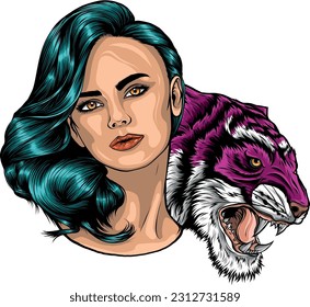 vector illustration of woman with long hair and roaring wild tiger head