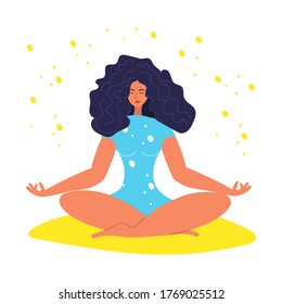 Vector illustration of a woman with long wavy hair doing yoga. Fitness. Healthy lifestyle. Lotus position Workout at home. Body. Asana Meditation. Girl. Sport. Harmony. Relaxation. Flat.