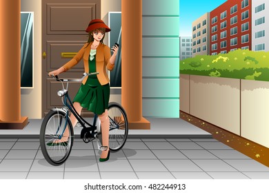 A vector illustration of a woman looking at her phone while riding a bike
