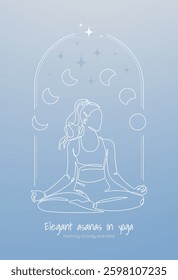 Vector illustration of a woman in the lotus pose, drawn in a single-line style. The background has a soft blue gradient with a crescent moons, creating a calm and meditative atmosphere