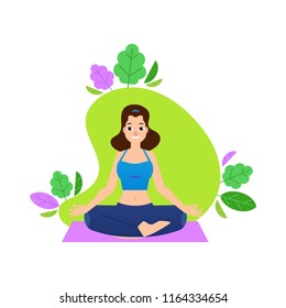 Vector illustration of woman in lotus position - girl sitting in sukhasana pose isolated on white background. Young female character practicing yoga for healthy lifestyle concept in flat style.