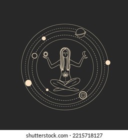 Vector illustration of a woman in the lotus position. Line drawing. Mystic illustration. Modern print.