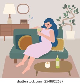 Una Ilustración vectorial de una mujer en ropa de salón relajándose con una copa de vino mientras está sentada en un sofá en una habitación elegante.