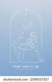 Vector illustration of a woman in the low lunge pose, drawn in a single-line style. The background has a soft blue gradient with a crescent moon, creating a calm and meditative atmosphere