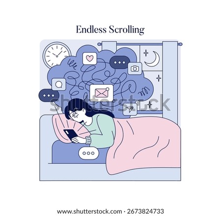 Vector illustration of a woman lying in bed, engaged in scrolling through her phone at night. She is surrounded by floating social media and messaging icons, indicating internet activity.
