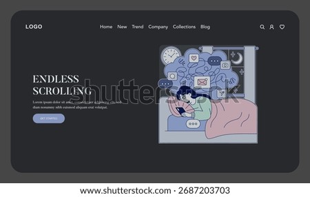 Vector illustration of a woman lying in bed deeply engaged in endless smartphone scrolling. Surrounded by social media icons, she appears absorbed by digital content.