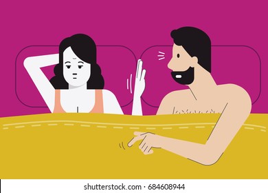 Vector Illustration Of Woman Make Hand Sign For No Sex Tonight As She Feel Boredom, Menopause, Or Have Sex Problem With Her Partner. Married Life Problem Concept. Flat Design Character. 