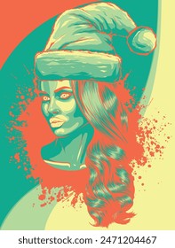 vector illustration of woman in makeup skull with christmas hat