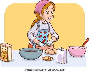 Vector illustration of woman making cake or bread in the kitchen