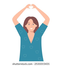 Vector illustration of a woman making a heart symbol with her hands above her head, smiling brightly.