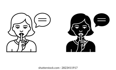 A vector illustration of a woman making a hush gesture with a speech bubble, representing silence or confidentiality.