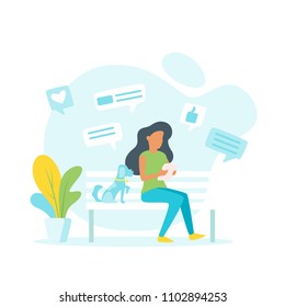 Vector illustration of a woman making online shopping and sitting outdoor on the bench. Chat windows with like sign around. Minimalism design with exaggerated objects. Dog pet near girl.
