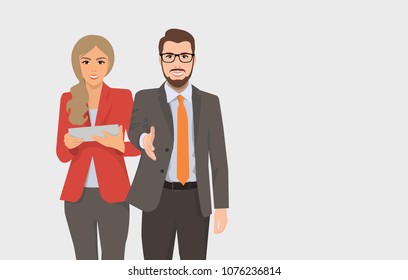 vector illustration of a woman and a man for business concepts, people in suits greet and holds a tablet or folder, manager, director, lawyer