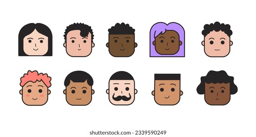 Vector illustration of woman man characters, facial portraits set. Flat simple doodle style heads with different faces, hair, skin, nationality, races, hairstyle isolated on white background
