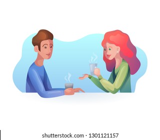 Vector illustration of woman and man with a cup of coffee in modern style. Time together. Dialogue. Vector art for your creativity