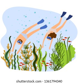 Vector illustration of a woman and a man diving under the sea. Background with coral reef, sea plants and fishes.