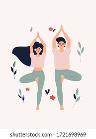 Ilustración vectorial de mujeres y hombres haciendo yoga en el árbol pose con hojas y flores