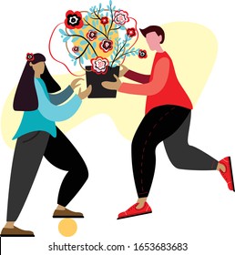 vector illustration. Woman and man hold flowers in their hands. Congratulatory festive background for screensaver, background, page decoration, website design and postcard .