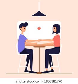 vector illustration of woman and man in love. man holding woman's hand. while staring at him. with a love icon in the center.