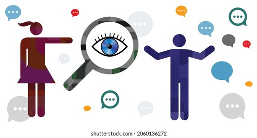 vector illustration of woman and man with magnifier and eye for attention to relationship problem